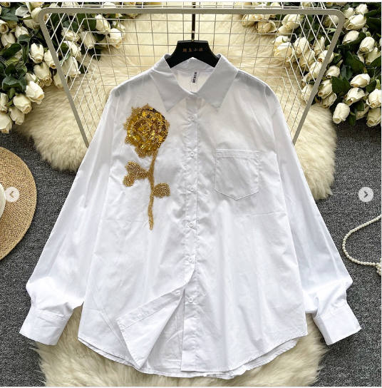 Women's European Chic Streetwear Shirt Sequins 3D Floral